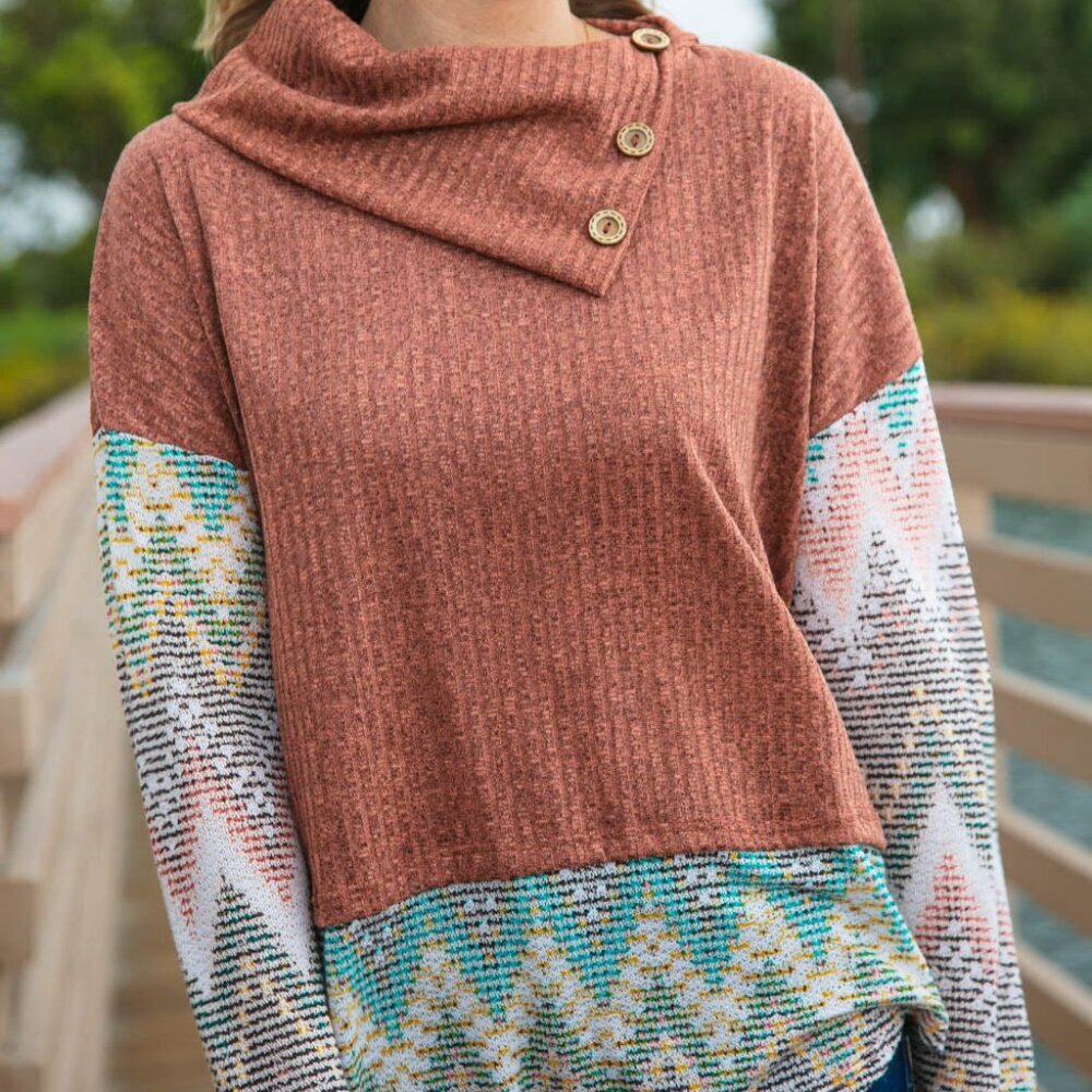 Two Tone Chevron Pattern Oversized Knit Turtleneck  -Sizes:  2x and 3x